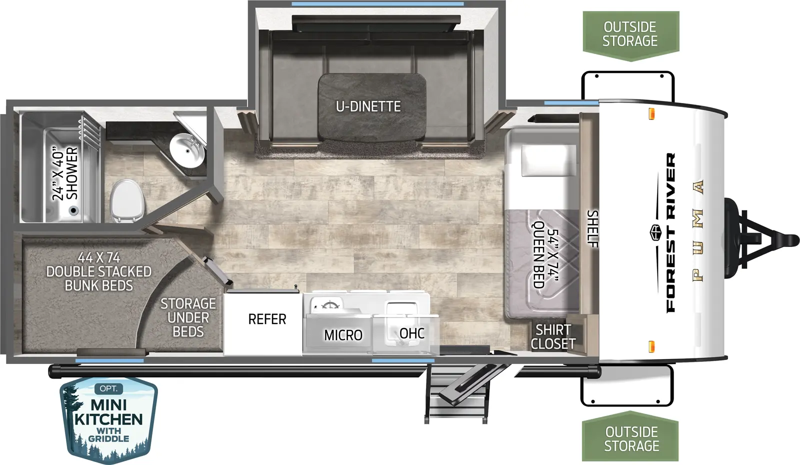 The Puma Camping Edition 18BHCE floorplan has one entry and one slide out. Exterior features include: metal exterior and outside kitchen. Interiors features include: bunk beds, u-dinette and front bedroom.